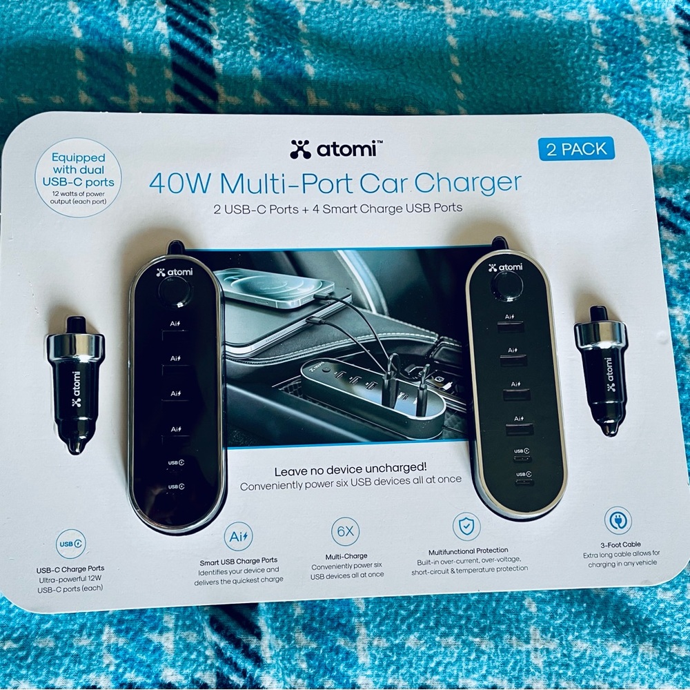 Atomic 40w Multi-port Car Charger; 2 USB-C , & 4 USB ports AT1639 NEW